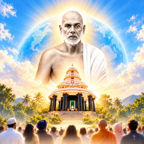 Sree Narayana Guru beside a peaceful gathering, with a world map connecting communities